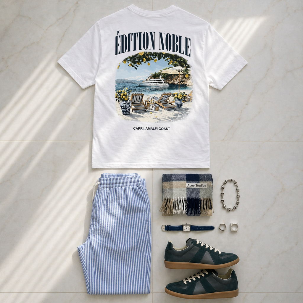 White t-shirt with 'Édition Noble' design, blue striped pants, shoes, and accessories on a light gray surface.