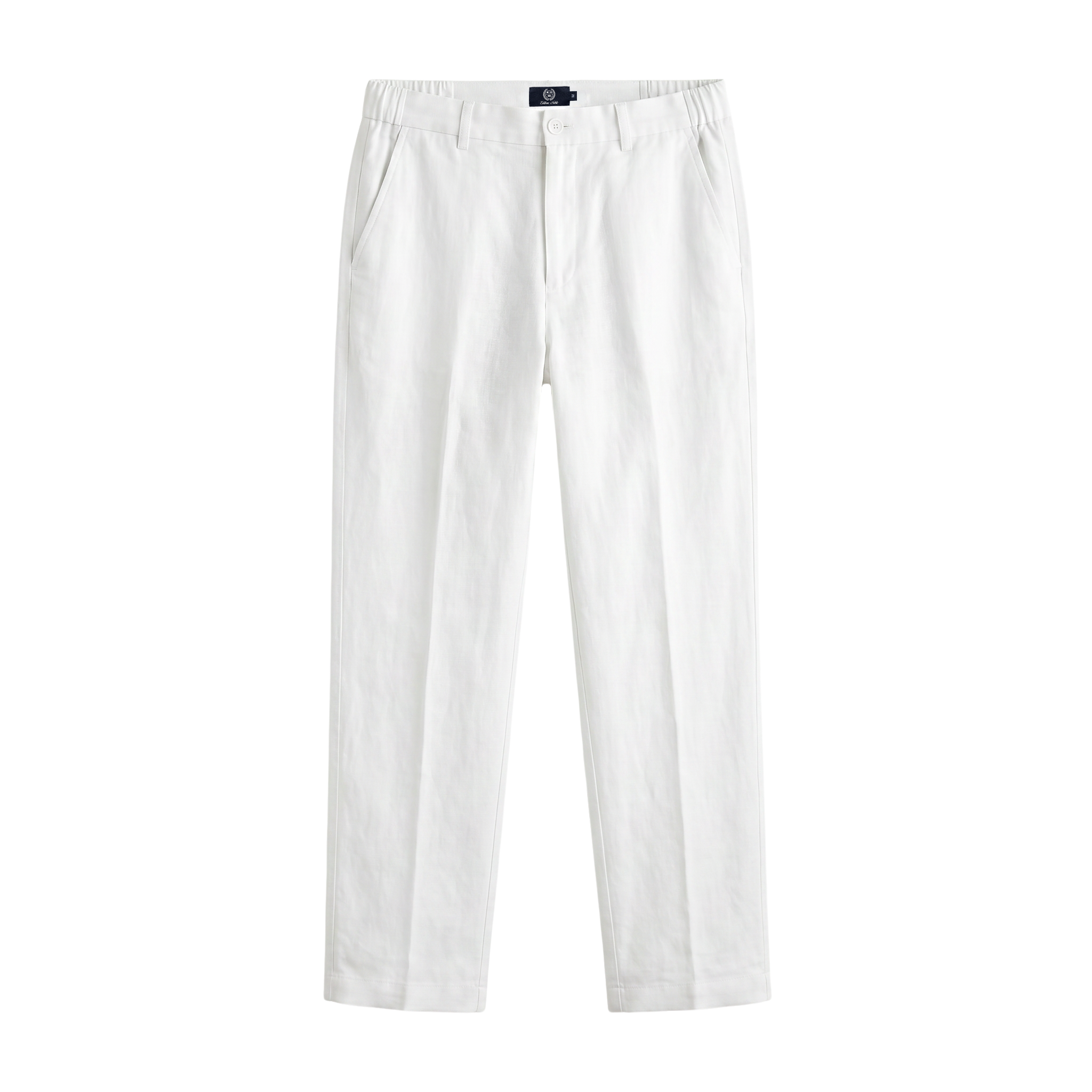 White straight-leg trousers with an elastic waistband, displayed flat against a light gray background.