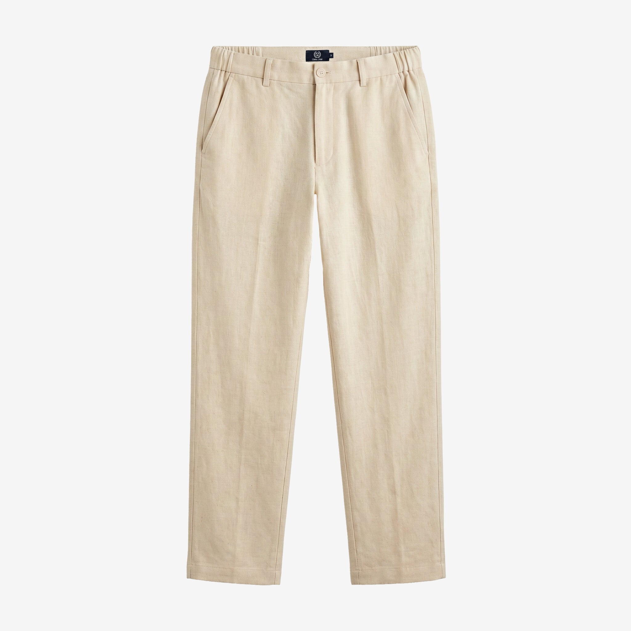 Beige straight-leg trousers with an elastic waistband, displayed flat against a light gray background.