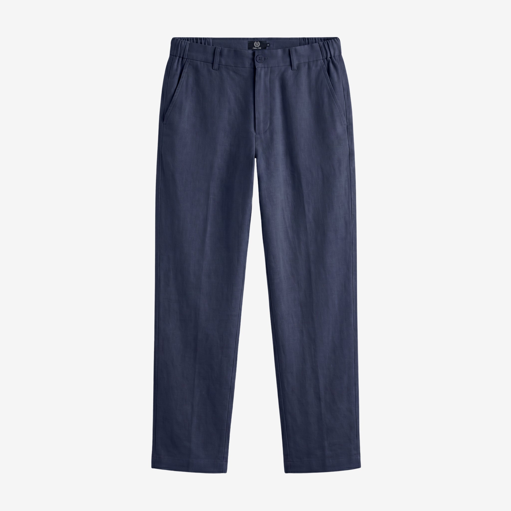A pair of navy blue trousers with an elastic waistband, displayed flat against a light gray background.