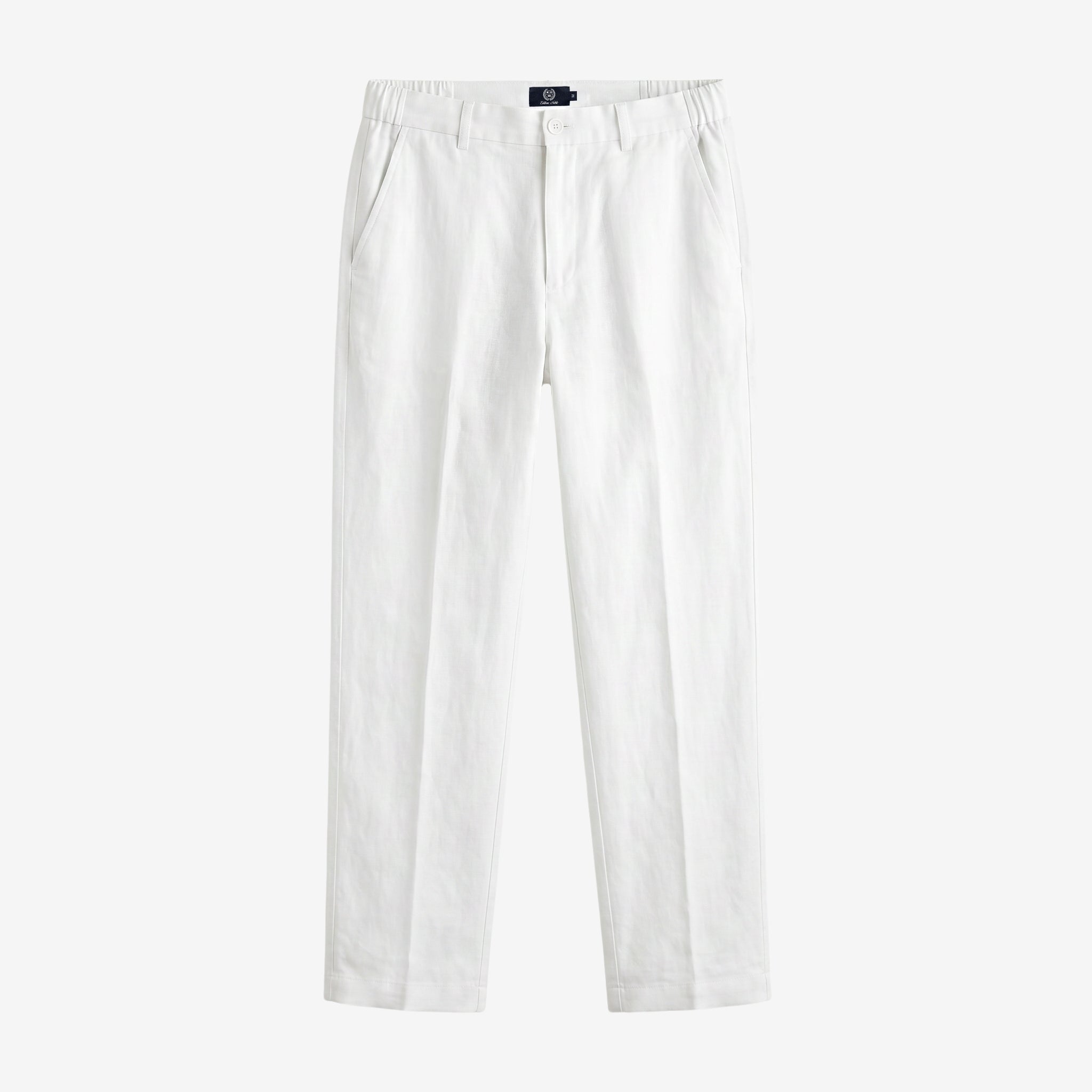 White straight-leg trousers with an elastic waistband, displayed flat against a light gray background.
