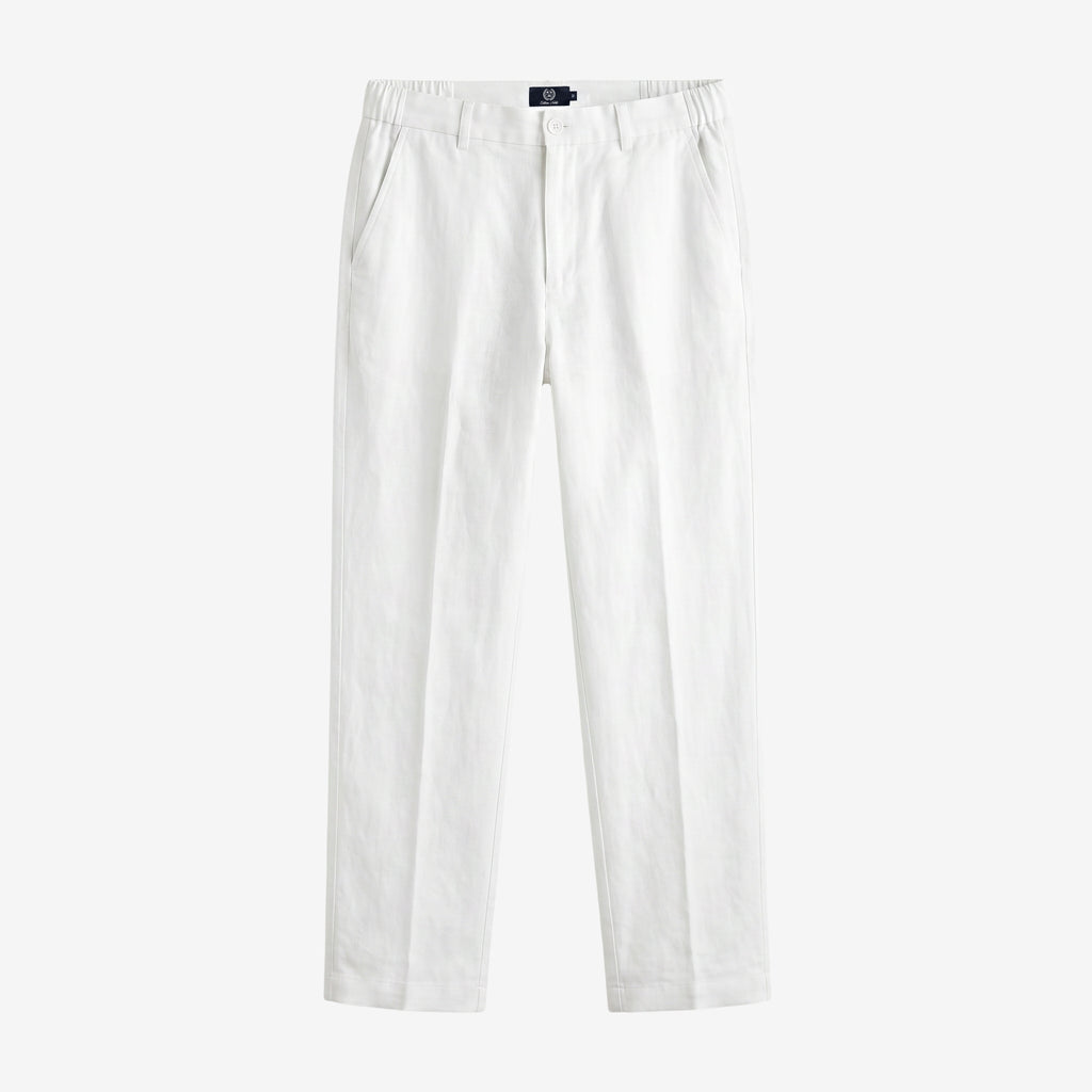 White straight-leg trousers with an elastic waistband, displayed flat against a light gray background.
