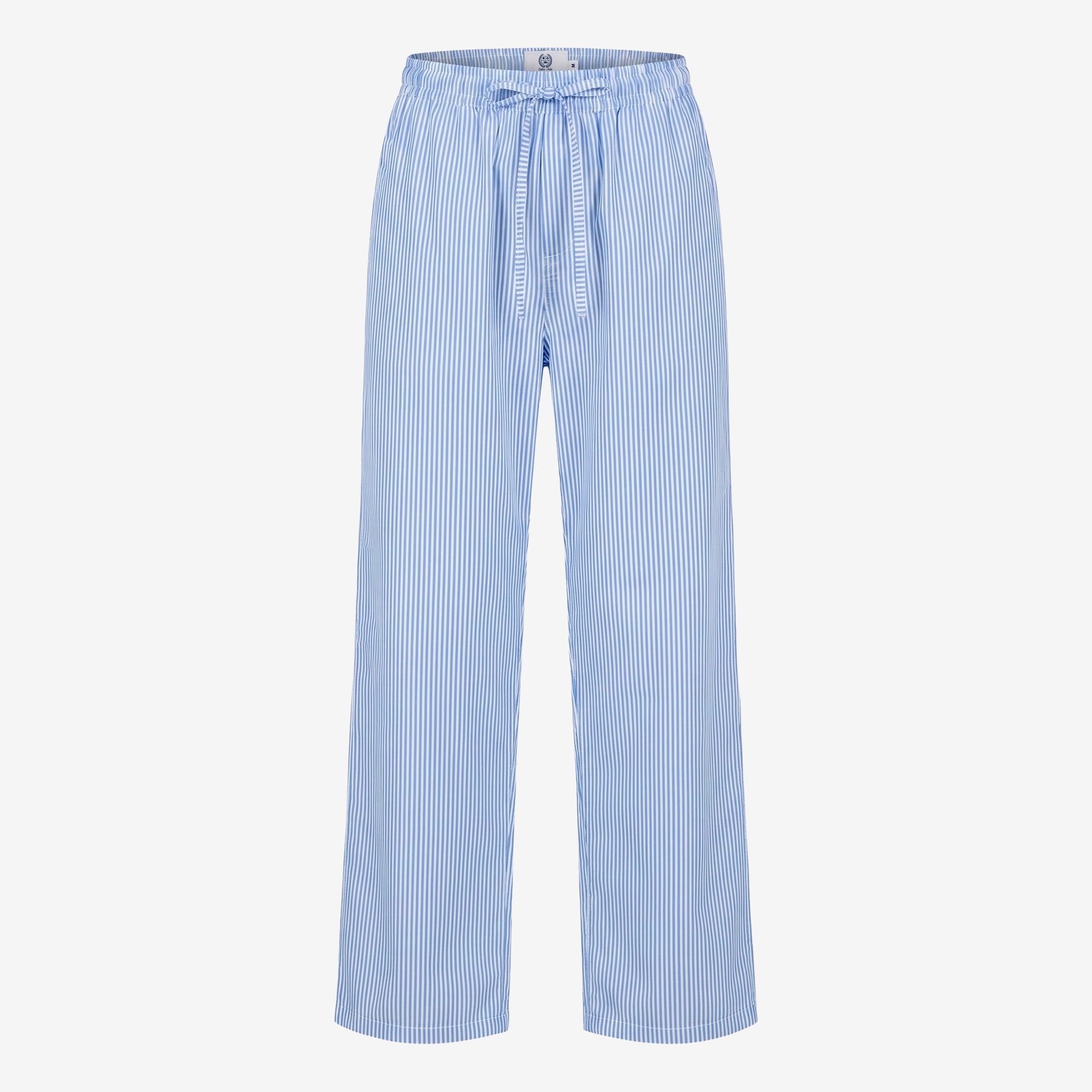 Blue and white striped pants on a light gray background