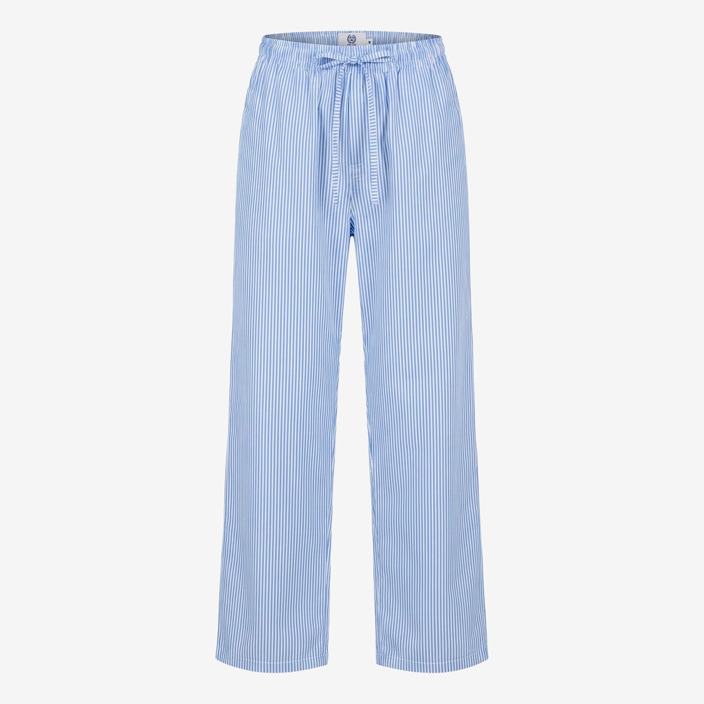 Blue and white striped pants on a light gray background