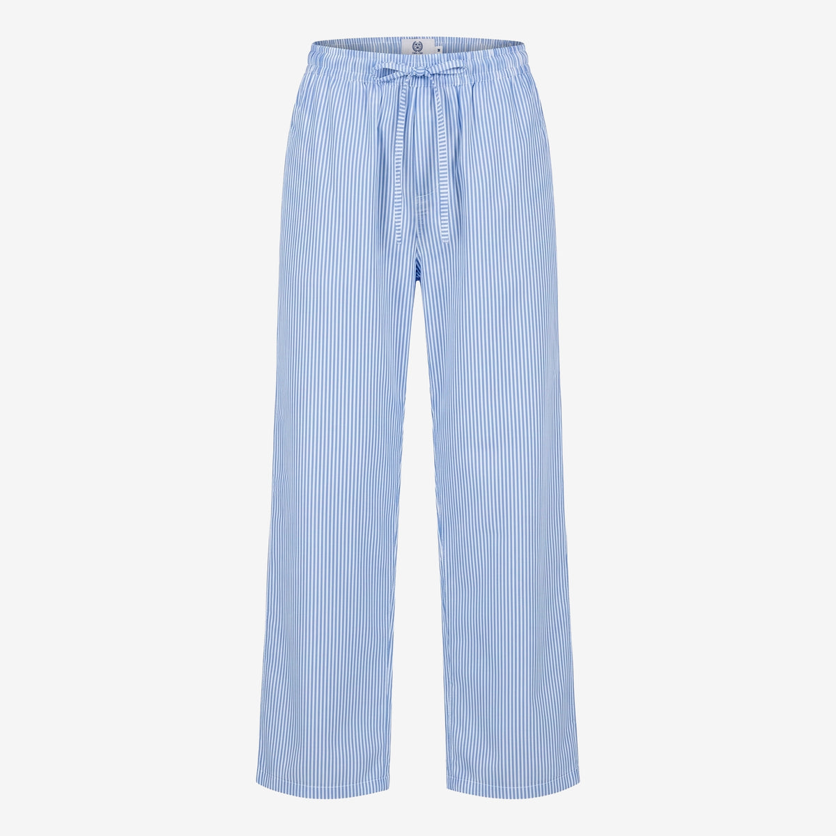 Blue and white striped pants on a light gray background