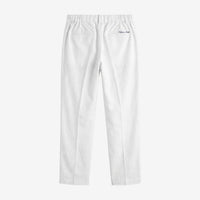 White slim-fit pants shown from the back, featuring an elastic waistband, two back patch pockets, and a small embroidered 'Calvin Klein' logo on the upper right side, set against a plain light gray background.