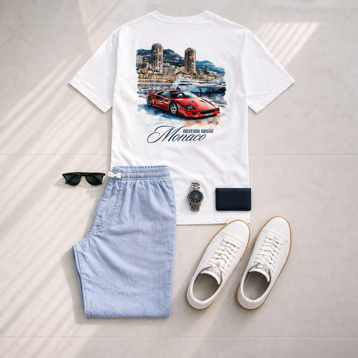 White t-shirt with a car and cityscape design, paired with light blue shorts, white sneakers, sunglasses, watch, and wallet on a light gray surface.