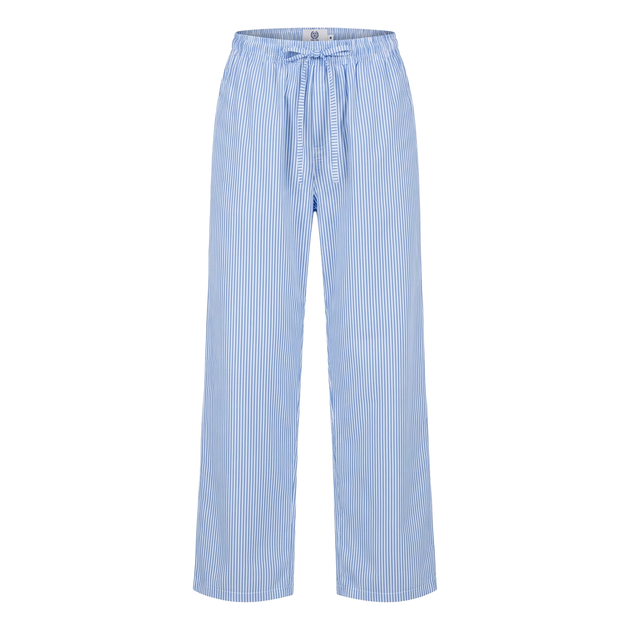 Blue and white striped pants on a light gray background